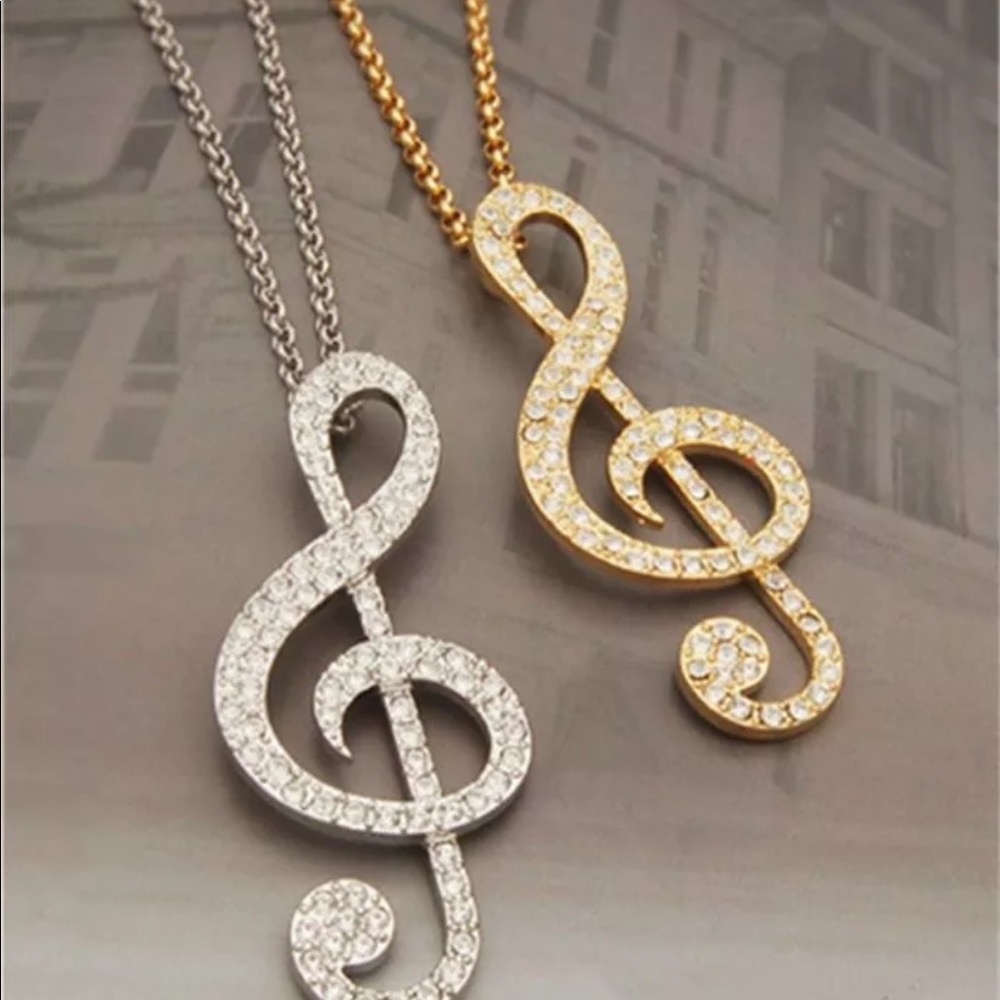 Gold crystal music note rhythm long chain necklace - Picture 3 of 7
